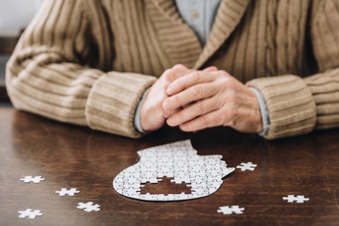 Foto eines älteren Mannes. Vor ihm liegt ein Puzzle, das einen menschlichen Kopf darstellt. Im Bereich des Gehirns fehlen Teile, die darum verstreut liegen.