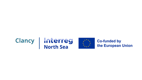 Schriftzug Clancy und Interreg North Sea mit EU Flagge