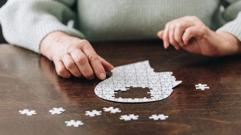 Foto zeigt eine Person, die einen weißen Menschenkopf auf dem Tisch zusammenpuzzelt