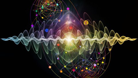  Grafische Darstellung bunter Wellen, Kreise und Linien auf schwarzem Hintergrund, die miteinander vernetzt sind. 