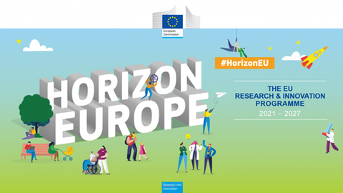 Schriftzug Horizon Europe, Menschen verschiedenen Ethien und Berufen (Zeichnung)