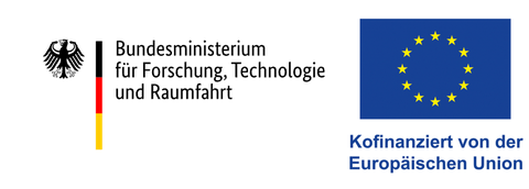 Schriftzug gefördert durch Bundesministerium für Bildung und Forschung und Bundesadler, rechts: EU-Flagge mit Schriftzug kofinanziert durch die Europäische Union