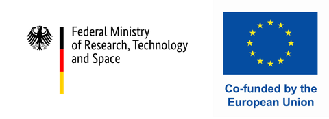 Schriftzug gefördert durch Bundesministerium für Bildung und Forschung und Bundesadler, rechts: EU-Flagge mit Schriftzug kofinanziert durch die Europäische Union