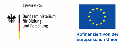 Schriftzug gefördert durch Bundesministerium für Bildung und Forschung und Bundesadler, rechts: EU-Flagge mit Schriftzug kofinanziert durch die Europäische Union