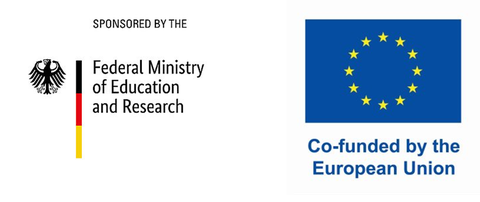 Schriftzug gefördert durch Bundesministerium für Bildung und Forschung und Bundesadler, rechts: EU-Flagge mit Schriftzug kofinanziert durch die Europäische Union