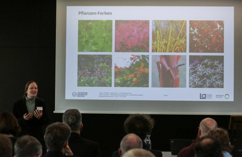 Impression aus der Veranstaltung. Vortragende vor Leinwand mit Präsentation zum Thema Farbe