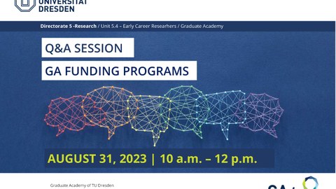 Blue background with speech bubbles. Information: Q&A Session, GA Funding Programmes, 31 Aug 2023, 10-12