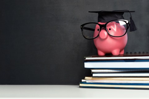 Pinkes Sparschwein vor einer Tafel auf einem Stapel Bücher mit Brille und Doktorhut auf dem Kopf.