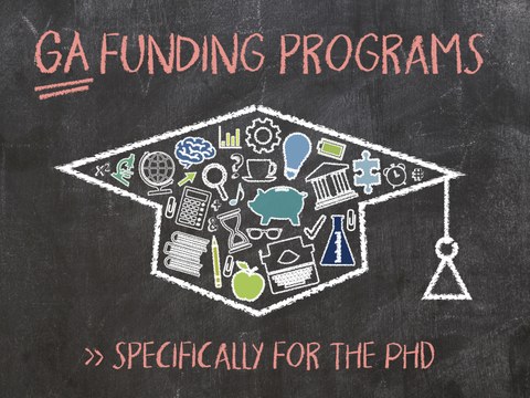 Blackboard with heading "GA Funding Programs: Specific to the Postdoc Phase & Habilitation." Also shown on the board are sketches of various symbols around the postdoc phase; e.g., books, microscope, diagram.  