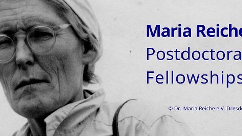 Schwarzweißfotografie von Maria Reiche mit dem Schriftzug Maria Reiche Postdoctoral Fellowships