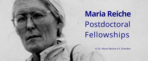 Schwarzweißfotografie von Maria Reiche mit dem Schriftzug Maria Reiche Postdoctoral Fellowships