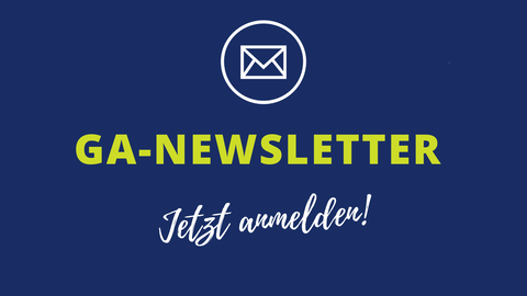 Blauer Hintergrund mit Text: Newsletter der Graduiertenakademie, Brief Icon