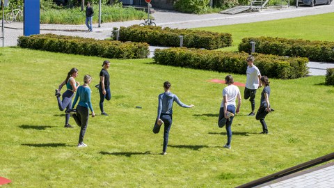 Personen stehen auf Wiese im Kreis und führen eine Bewegungsübung durch