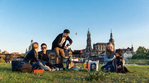 Foto einer Gruppe beim Grillen am Elbufer in Dresden.