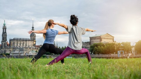 Photo of two people on the Elbe meadow in Dresden doing yoga.