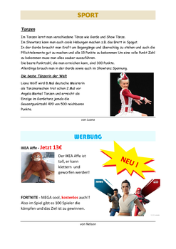 Themenseite Sport von Luana zu Tanzen, Werbung von Nelson für IKEA Affe und Fortnite 