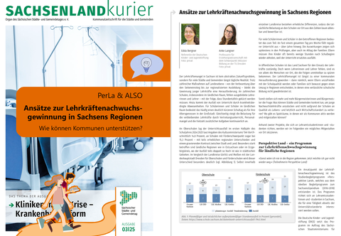 Text-Bild-Collage: Deckblatt des Sachsenlandkuriers 03/25 mit Hintergrundbild Krankenbett in einem Krankenhausflur. Oranger Kasten mit Text "PerLa & ALSO: Ansätze zur Lehrkräftenachwuchsgewinnung in Sachsens Regionen. Wie können Kommunen unterstützen?" 