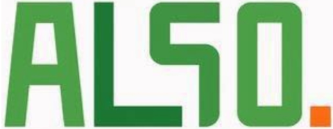 Schriftlogo aus grünen Großbuchstaben ALSO mit grünem Quadrat als Punkt am Ende auf weißem Grund