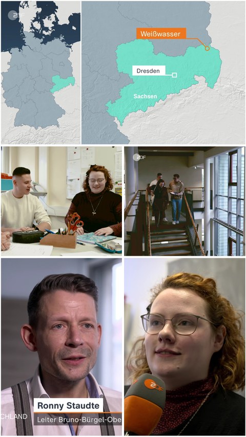 Collage aus einer Sachsenkarte, Studierende im Gespräch und Personen, die ins Mikro sprechen