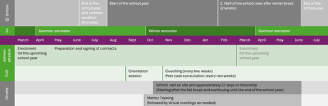 Timeline of the professional development tracks in the ALSO alternative teacher training internship, showing 17 months from March to July