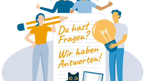 Grafik mit Studierenden. In der Mitte ein Zettel auf dem "Du hast Fragen? Wir haben die Antworten!" steht.