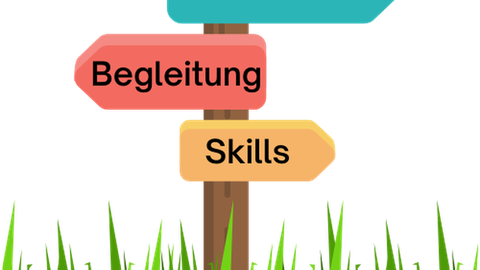 Zu sehen ist ein Wegweiser im Gras. Auf den drei Schildern steht: Vernetzung, Begleitung, Skills.