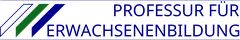 Das Logo zeigt den Schriftzug "Professur für Erwachsenenbildung" und links drei Streifen in den sächsischen Landesfarben weiß und grün sowie im Blau der TU Dresden.