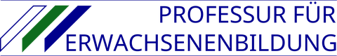 Das Logo zeigt den Schriftzug "Professur für Erwachsenenbildung" und links drei Streifen in den sächsischen Landesfarben weiß und grün sowie im Blau der TU Dresden.