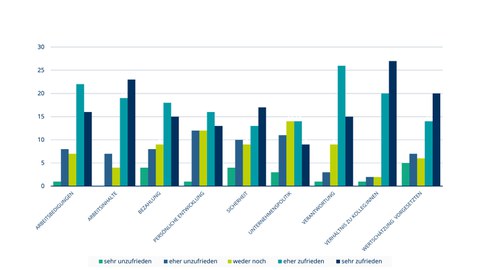 Das Bild zeigt die Zufriedenheit aufgeschlüsselt nach Faktoren mit der ersten Tätigkeit