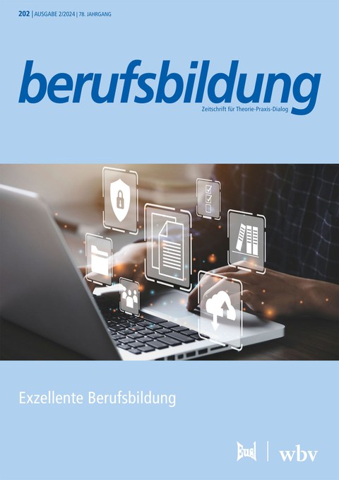 Das Bild zeigt das Cover der Zeitschrift Berufsbildung, Ausgabe 2 des Jahres 2024. Dabei ist unter dem Zeitschriftentitel Berufsbildung ein Bild von einem Laptop und mehreren Icons welche davor projiziert sind. Darunter steht der Ausgaben Titel .