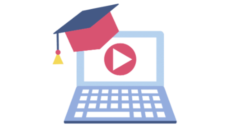 Laptop with graduate hat on the top an play icon