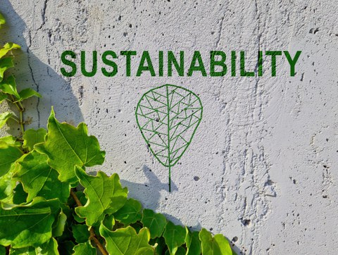 Begrünte Wand mit Schriftzug "Sustainability" und Logo