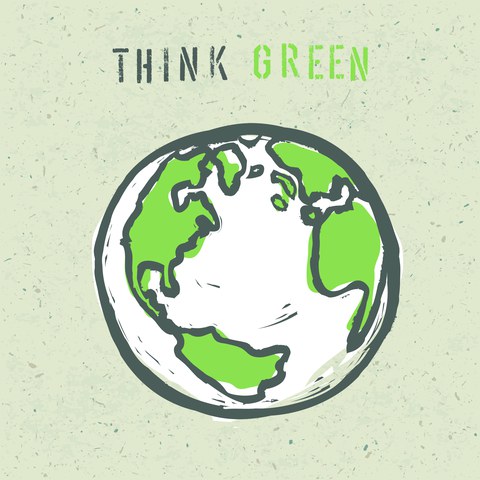 Eine Illustration mit der Überschrift "Think Green" und einer Erde mit grünen Kontinenten.