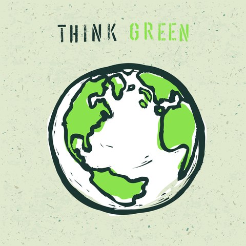 Eine Illustration mit der Überschrift "Think Green" und einer Erde mit grünen Kontinenten.