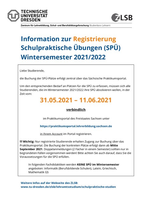Information zur Registrierung Schulpraktische Übungen (SPÜ) Wintersemester 2021/2022