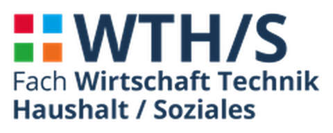 Logo des Arbeitsbereichs WTH/S. Links vier Quadrate in rot, blau grün und organge, daneben die Abkürzung WTH/S, unter beiden der Schriftzug "Fach Wirtschaft Technik Haushalt / Soziales"