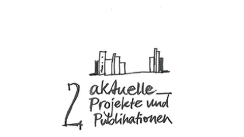 Grafik: oben stehen Bücher auf einem Regal, unten steht: "2 aktuelle Projekte und Publikationen"