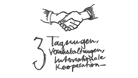 Grafik: oben werden 2 Hände geschüttelt, unten steht: "3 Tagungen, Veranstaltungen, Internationale Kooperation"