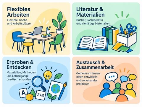 Flexibles Arbeiten Flexible Arbeitsplätze für unterschiedliche Lern- und Arbeitsformen  Literatur & Materialien Vielfältige Ressourcen zum Entdecken und Nutzen  Erproben & Entdecken Materialien, Methoden und Lernzugänge praktisch erkunden  Austausch & Zusammenarbeit Raum für gemeinsames Arbeiten und Lernen