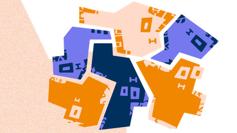 Grafik zum Fundus Inklusion bestehend aus 6 zusammengesetzten Segmenten in verschiedenen Blau- und Orangetönen