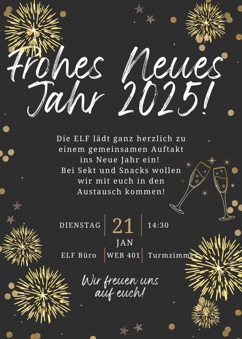 Neujahrsgruß und Einladung zum 11. Geburtstag der 11 am 21.1.25, weißer Text auf schwarzem Grund mit goldenem Feuerwerk