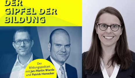 Collage aus Portraitaufnahmen von zwei Männern und einer Frau in offizieller Kleidung. Sie lächeln in die Kamera. Auf gelbem Grund der Text "Gipfel der Bildung. Der Bildungspodcast mit Jan-Martin Wiarda und Patrick Honecker."