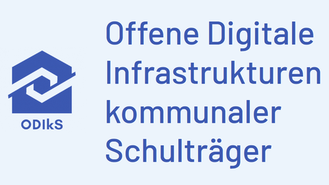 Logografik mit abstrakter Darstellung von ineinandergreifenden Elementen im Umriss eines Hauses, Schriftzug ODIkS - Offene Digitale Infrastrukturen kommunaler Schulträger