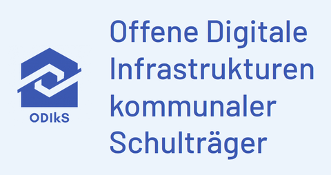 Logografik mit abstrakter Darstellung von ineinandergreifenden Elementen im Umriss eines Hauses, Schriftzug ODIkS - Offene Digitale Infrastrukturen kommunaler Schulträger