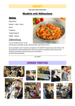 Themenseite Rezept von Jayden zu Nudeln mit Hähnchen und Fotodokumentation "Unser Freitag"