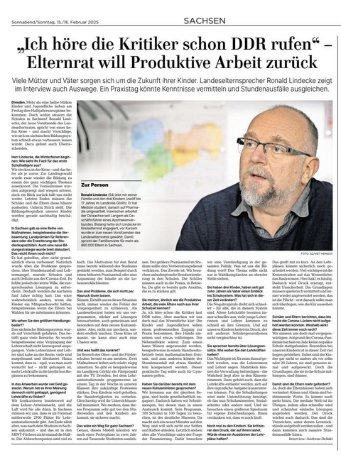 Screenshot der Zeitungsseite mit dem Interview mit Ronald Lindecke "Elternrat will Produktive Arbeit an Sachsens Schulen: „Ich höre die Kritiker schon DDR rufen“