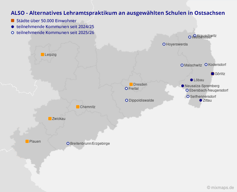 Landkarte von Sachsen mit den Standorten für das Alternative Lehramtspraktikum ALSO seit 2024 © TU Dresden