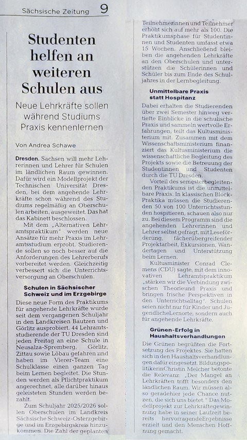 Artikel "Studenten helfen weiter aus" über das Altrenative Lehramtspraktikum in der Sächsischen Zeitung vom 16.10.2025