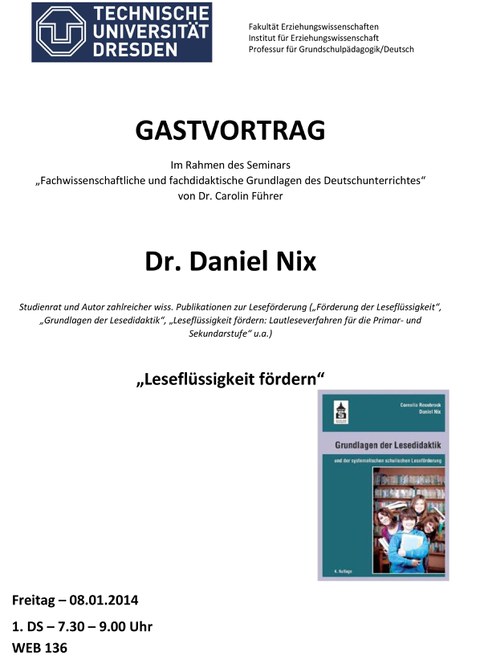 Auf dem Bild ist das Plakat für den Gastvortrag von Daniel Nix sichtbar.