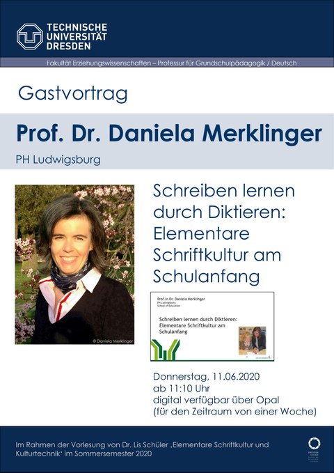 Auf dem Bild ist das Plakat zum Gastvortrag mit Thema und einem Bild von Daniela Merklinger abgebildet.